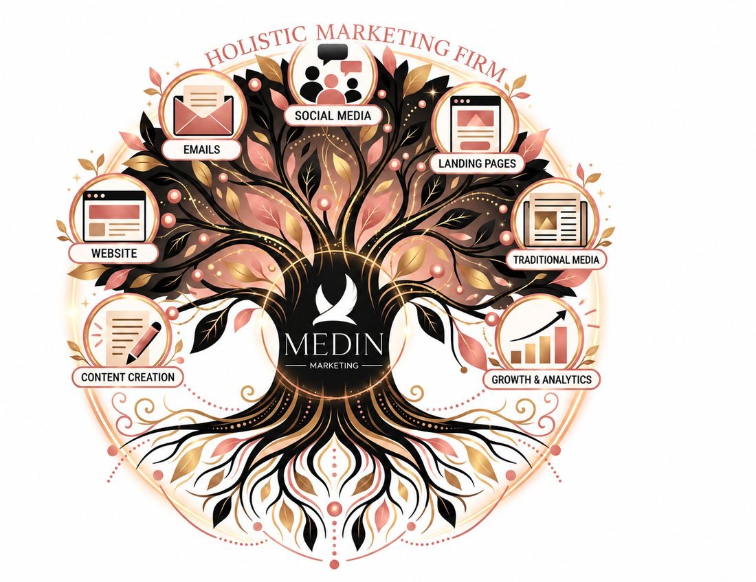 Holistic Marketing Firm illustration: a tree rooted in the Medin brand, branching into emails, social media, landing pages, website, traditional media, content creation, and growth and analytics